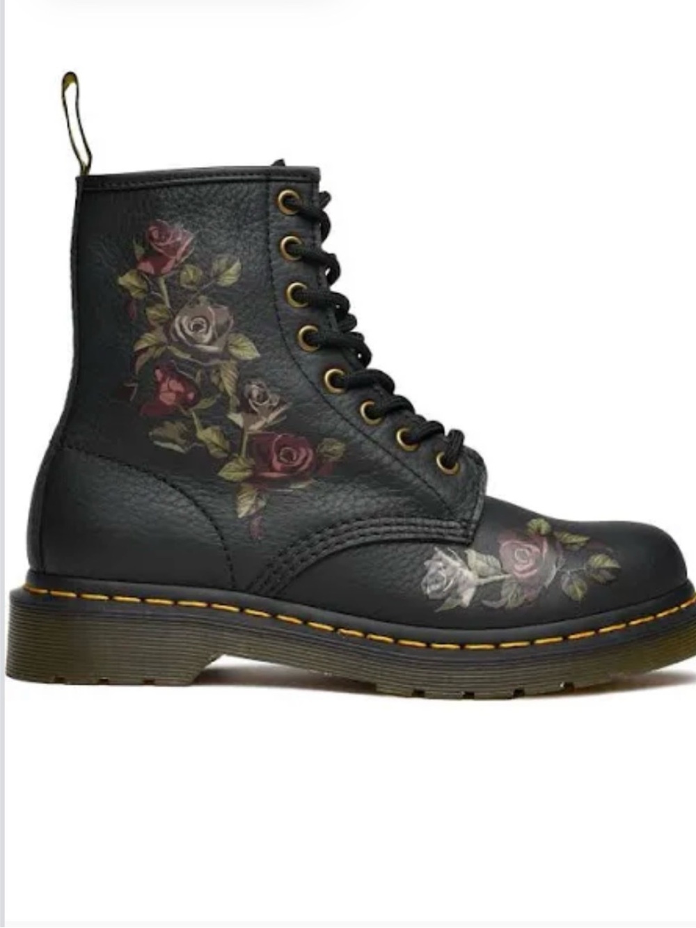 Dr. Martens Black Leather Lace-Up Boots with Decayed Rose Print